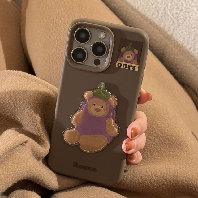 Bear Eggplant Phone Case / Pom Pom Bell Charm / Set