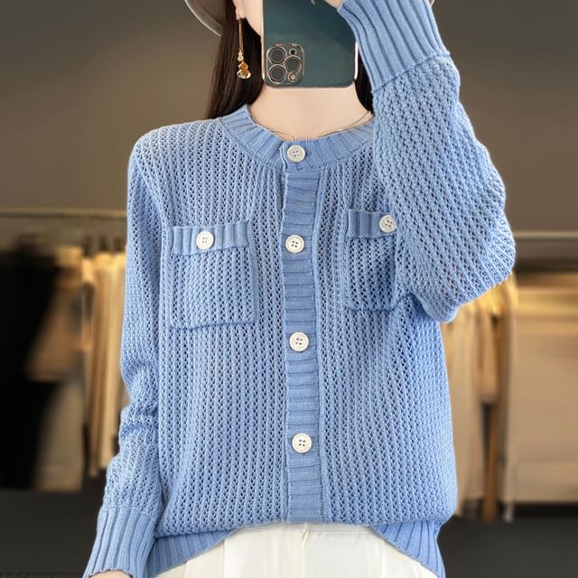 Crew Neck Solid Knit Cardigan