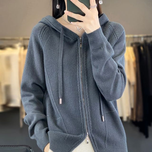 Hooded Zip-Front Solid Knit Jacket