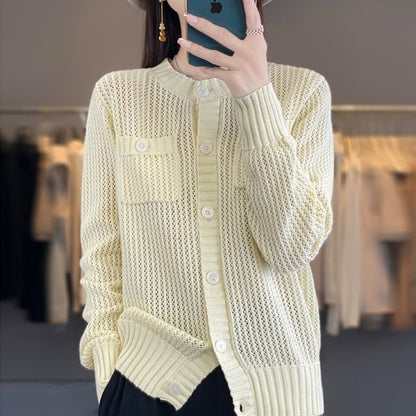 Crew Neck Solid Knit Cardigan
