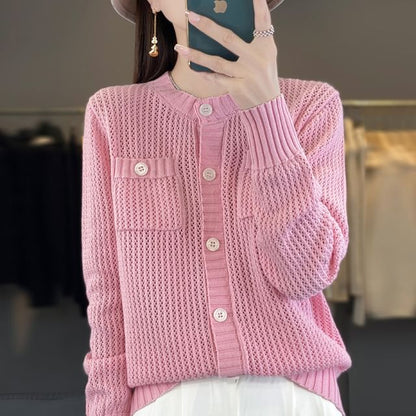 Crew Neck Solid Knit Cardigan