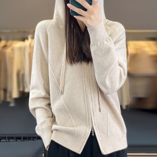 Hooded Zip-Front Solid Knit Jacket
