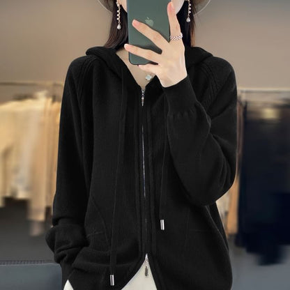 Hooded Zip-Front Solid Knit Jacket