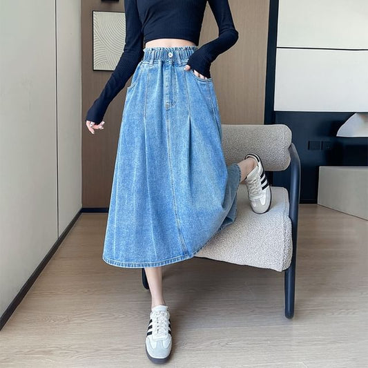 Stretch-Band Washed Denim Midi Flared Skirt