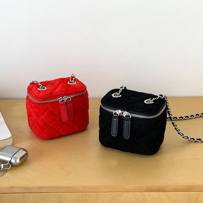 Chain Strap Quilted Velvet Crossbody Bag