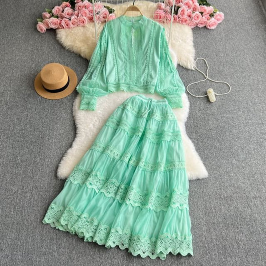 Ensemble: Puff Sleeve High Collar Solid Panel Blouse + Elevated Waist Tiered Maxi Flared Skirt