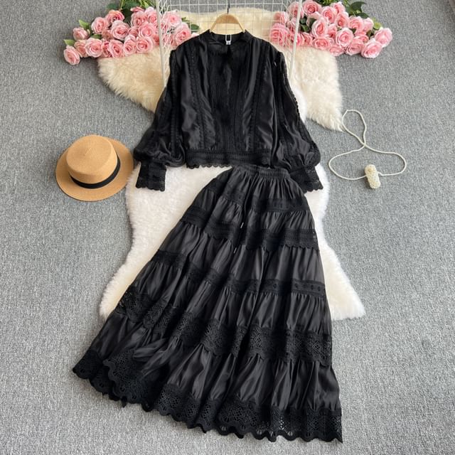 Ensemble: Puff Sleeve High Collar Solid Panel Blouse + Elevated Waist Tiered Maxi Flared Skirt