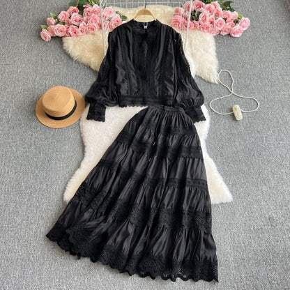 Ensemble: Puff Sleeve High Collar Solid Panel Blouse + Elevated Waist Tiered Maxi Flared Skirt