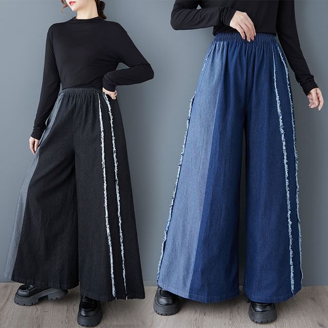 Elastic Waist Washed Fray Panel Denim Culottes