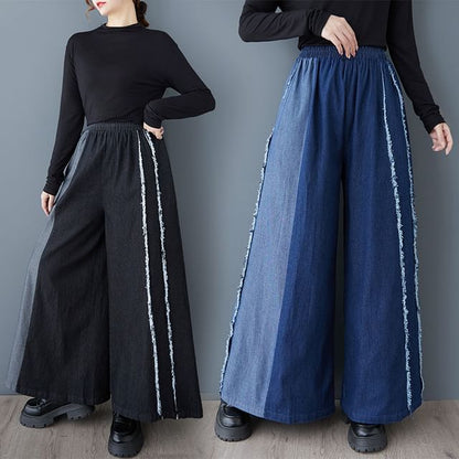 Elastic Waist Washed Fray Panel Denim Culottes