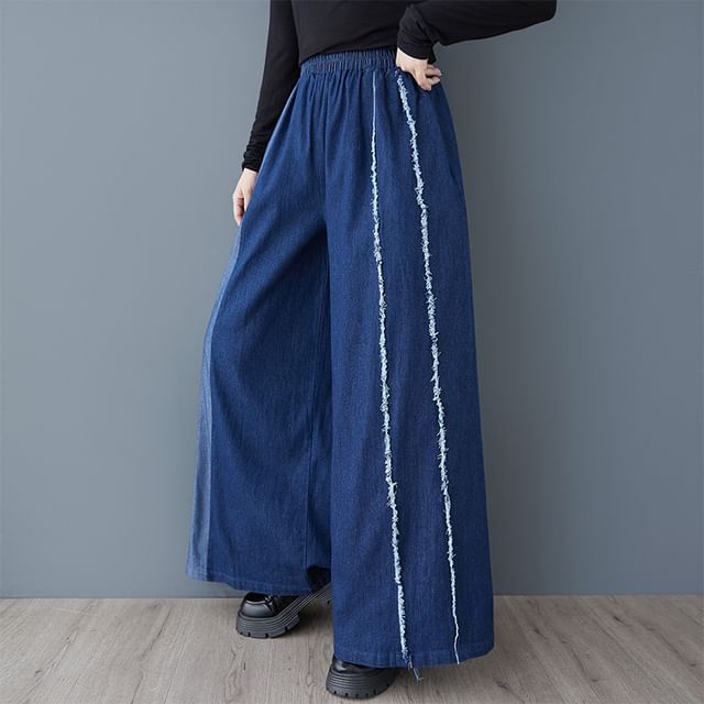 Elastic Waist Washed Fray Panel Denim Culottes