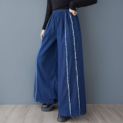 Elastic Waist Washed Fray Panel Denim Culottes