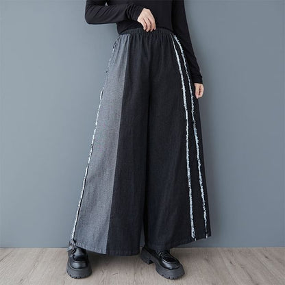 Elastic Waist Washed Fray Panel Denim Culottes