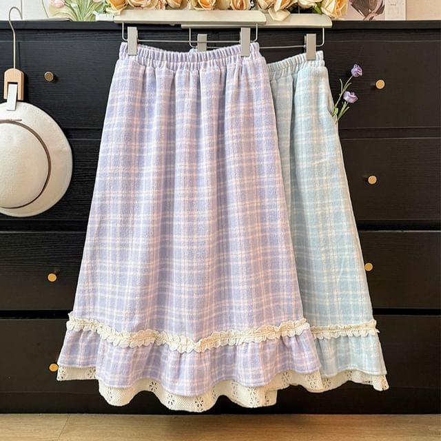 Checkered Lace-Trim High-Waist Flared Skirt