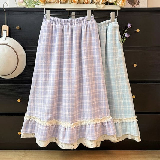 Checkered Lace-Trim High-Waist Flared Skirt