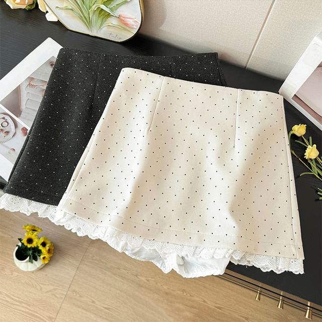 Lace-Hem Dotted Mini Skirt
