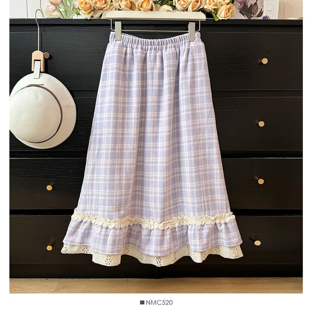 Checkered Lace-Trim High-Waist Flared Skirt
