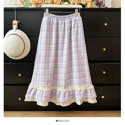 Checkered Lace-Trim High-Waist Flared Skirt