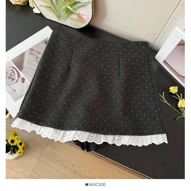 Lace-Hem Dotted Mini Skirt