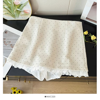 Lace-Hem Dotted Mini Skirt