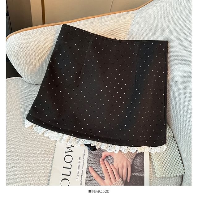 Lace-Hem Dotted Mini Skirt