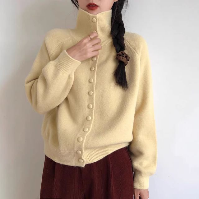 Mandarin Collar Button-Front Knit Top