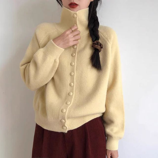 Mandarin Collar Button-Front Knit Top