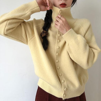 Mandarin Collar Button-Front Knit Top