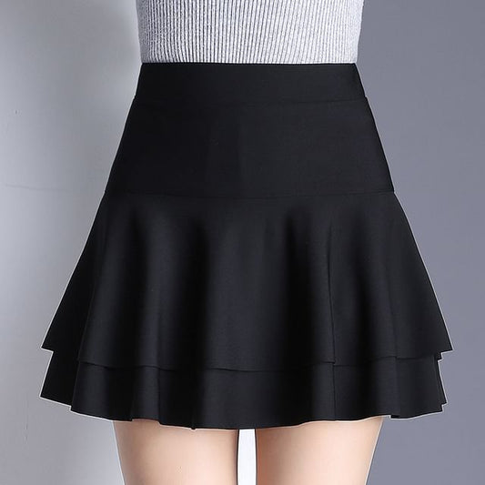 Elevated Waist Solid Tiered Flared Mini Skirt