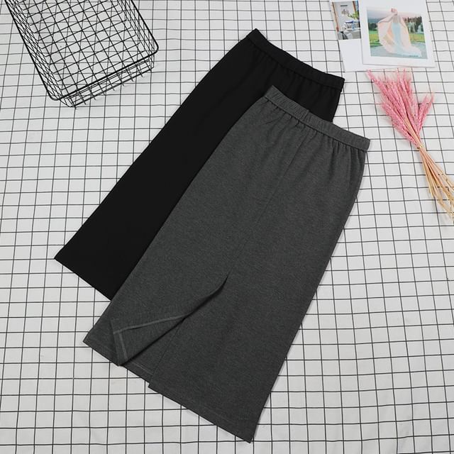Stretch Waist Slit Midi Pencil Skirt