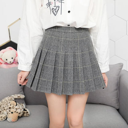 High Rise Checkered Pleated Flared Mini Skirt