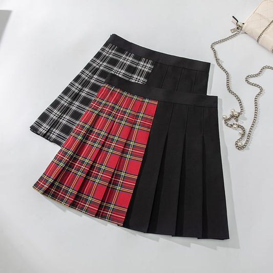 Elevated Waist Checkered Panel Pleated Flared Mini Skirt