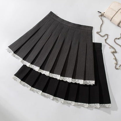 Pleated Mini Skirt with Lace Trim - High Rise A-Line