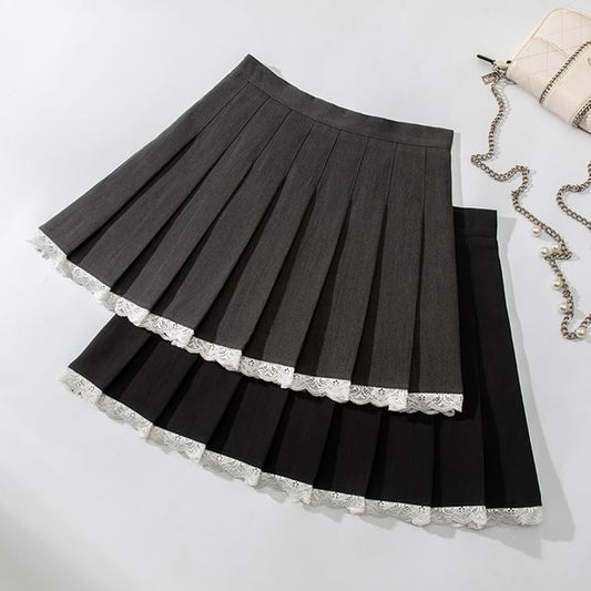 Pleated Mini Skirt with Lace Trim - High Rise A-Line