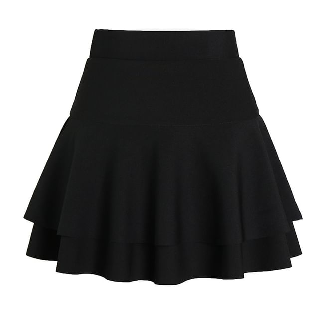 Elevated Waist Solid Tiered Flared Mini Skirt