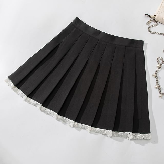 Pleated Mini Skirt with Lace Trim - High Rise A-Line