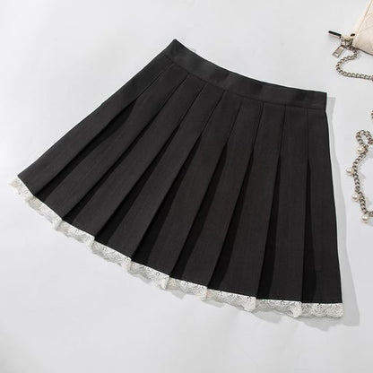Pleated Mini Skirt with Lace Trim - High Rise A-Line
