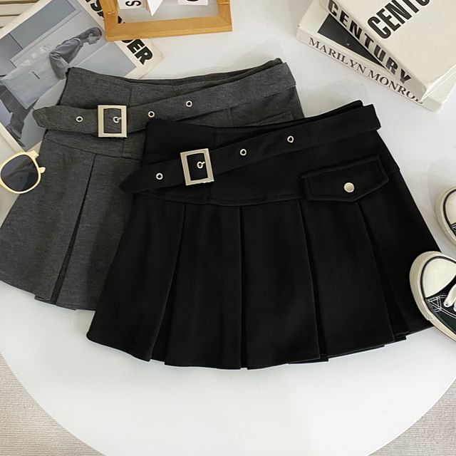 High-Rise Buckled Solid Mini Pleated Skirt