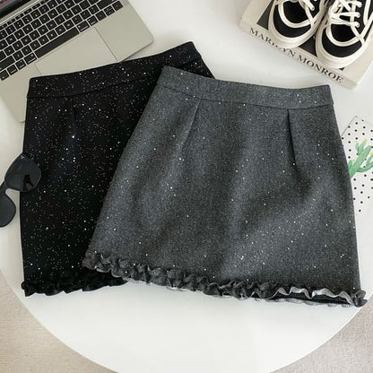 Elevated Waist Lace Trim Glitter Flared Mini Skirt