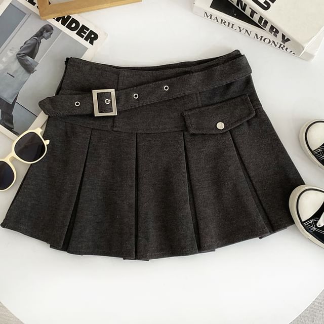 High-Rise Buckled Solid Mini Pleated Skirt