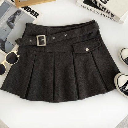 High-Rise Buckled Solid Mini Pleated Skirt
