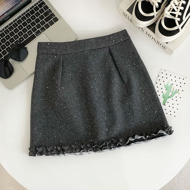Elevated Waist Lace Trim Glitter Flared Mini Skirt