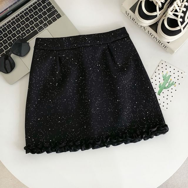 Elevated Waist Lace Trim Glitter Flared Mini Skirt