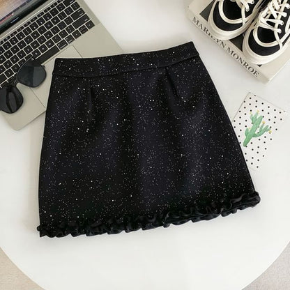 Elevated Waist Lace Trim Glitter Flared Mini Skirt