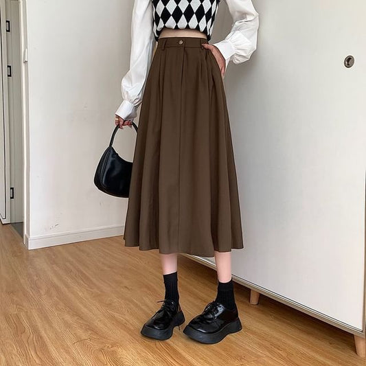 Elevated Waist Solid Midi Flared Skirt