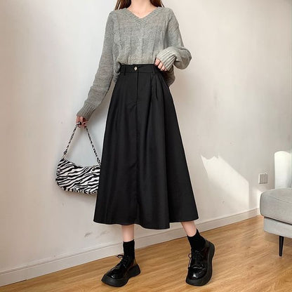 Elevated Waist Solid Midi Flared Skirt