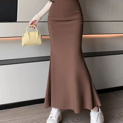 High-Rise Solid Mermaid Hem Midi Skirt