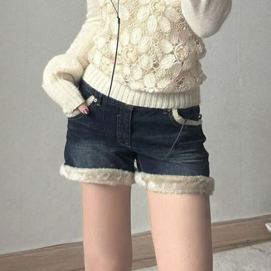 Off Shoulder Plain Sweater / Collared Panel Fluffy Zip Jacket / Mid Rise Washed Fluffy Trim Denim Shorts