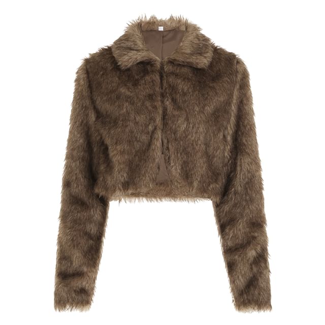 Collared Faux Fur Crop Jacket / Low Waist Zip Panel Faux Leather Mini Pencil Skirt