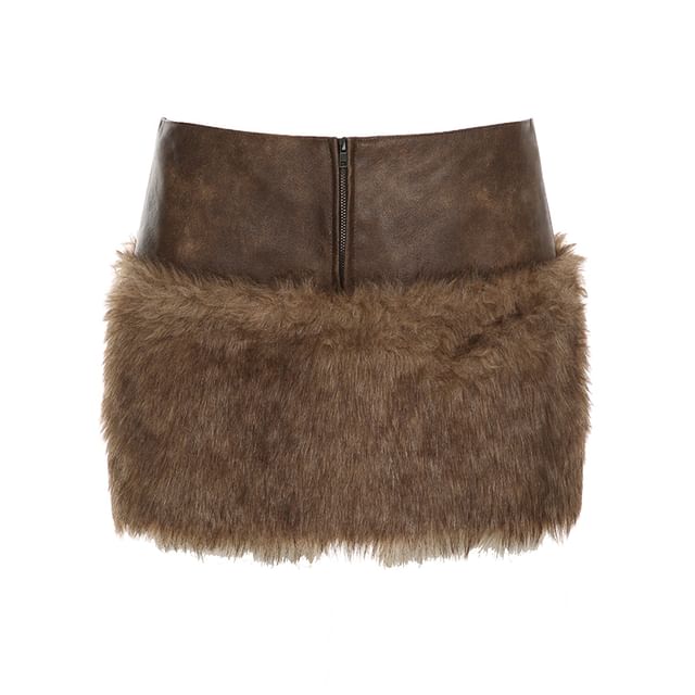 Collared Faux Fur Crop Jacket / Low Waist Zip Panel Faux Leather Mini Pencil Skirt
